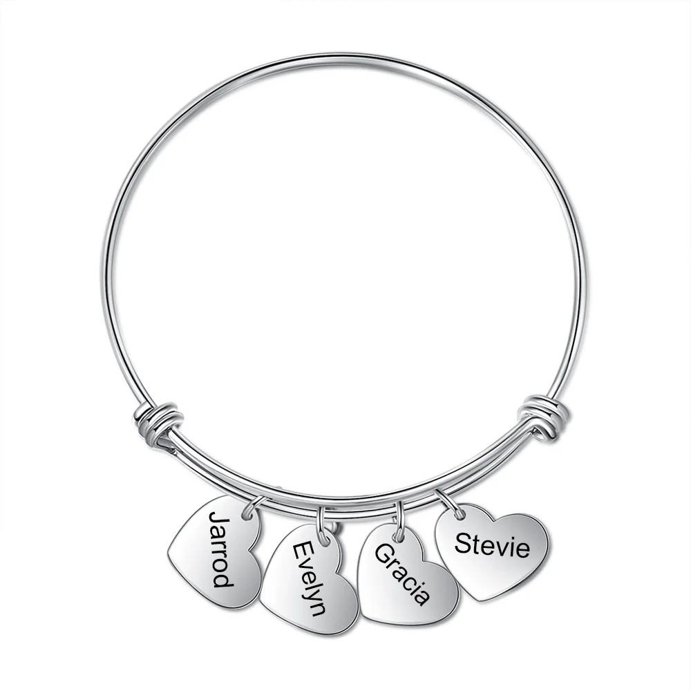 Herz Armreif Armband Graviert 4 Namen personalisiert mit 4 Herz Charme