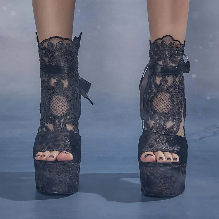 Black Lace Bow Shoes Open Toe Sandals Women's Chunky Heels |FSJ Shoes