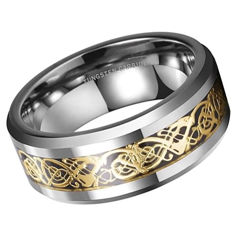 4mm 6mm 8mm 10mm Women or Men's Tungsten Carbide Wedding Rings Band,Silver Band Celtic Dragon Knot Tungsten Ring with Silver and Yellow Gold Resin Inlay