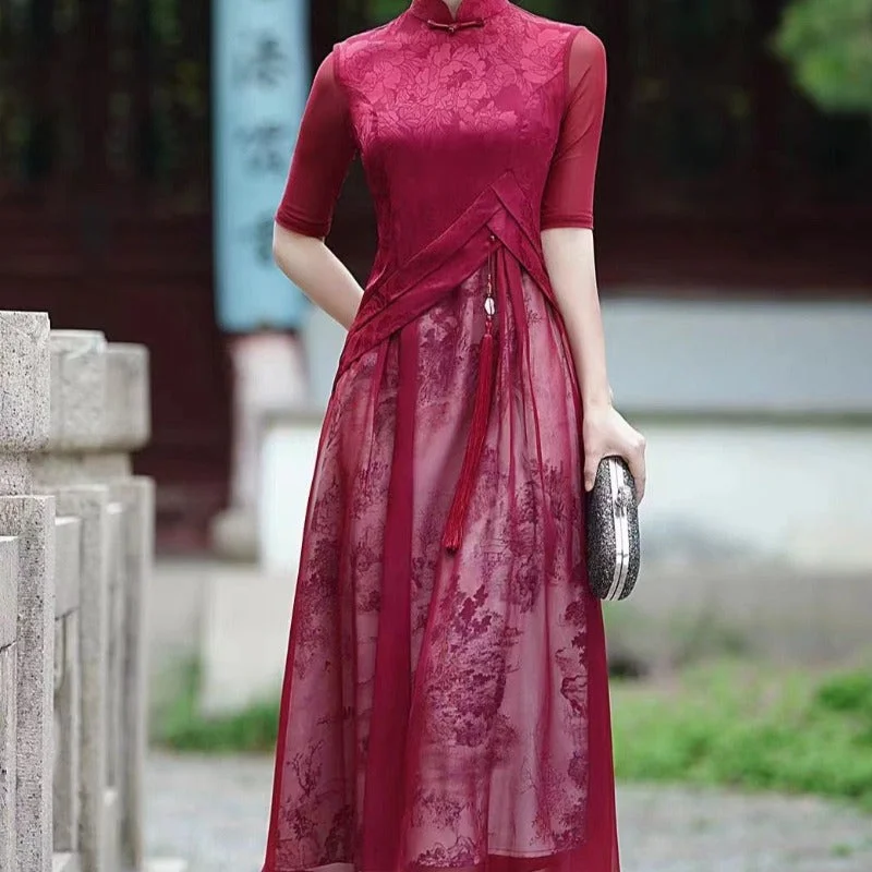 Chinese water painting pattern, long A-line Cheongsam