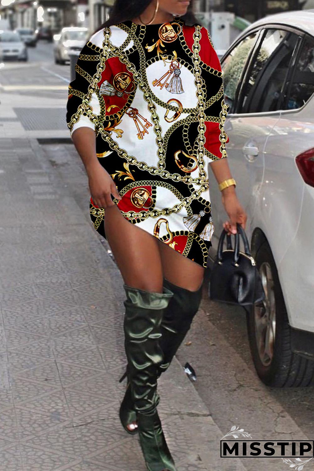 Black Casual Daily Print Patchwork O Neck Long Sleeve Dresses