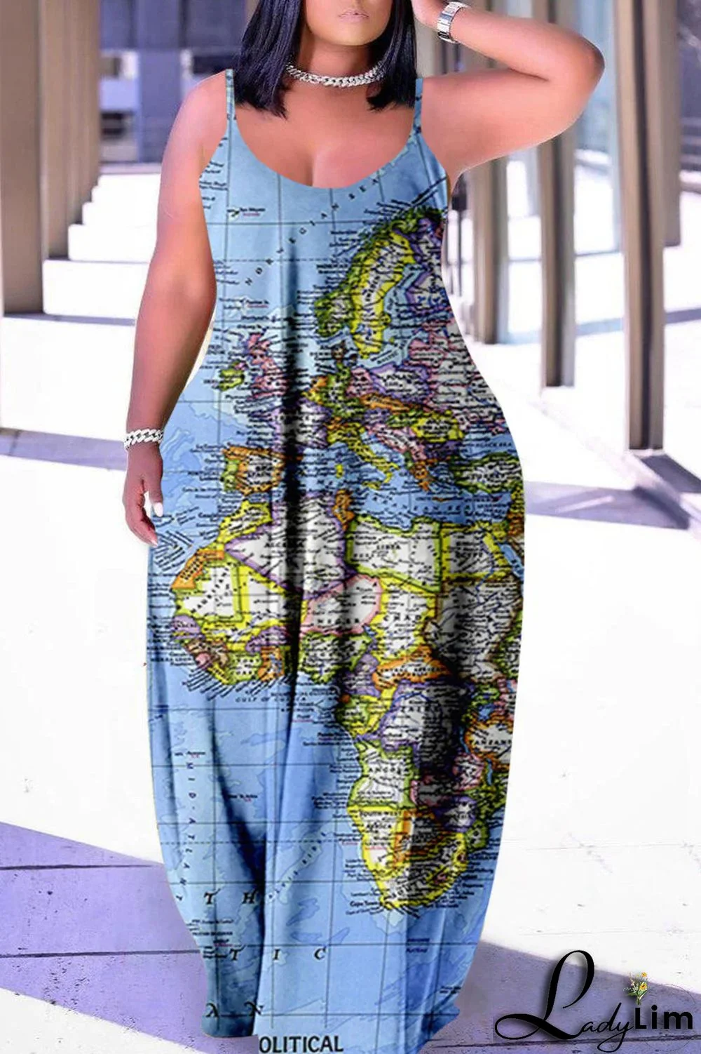 Black Red Fashion Sexy Plus Size Casual Print Backless Spaghetti Strap Long Dress