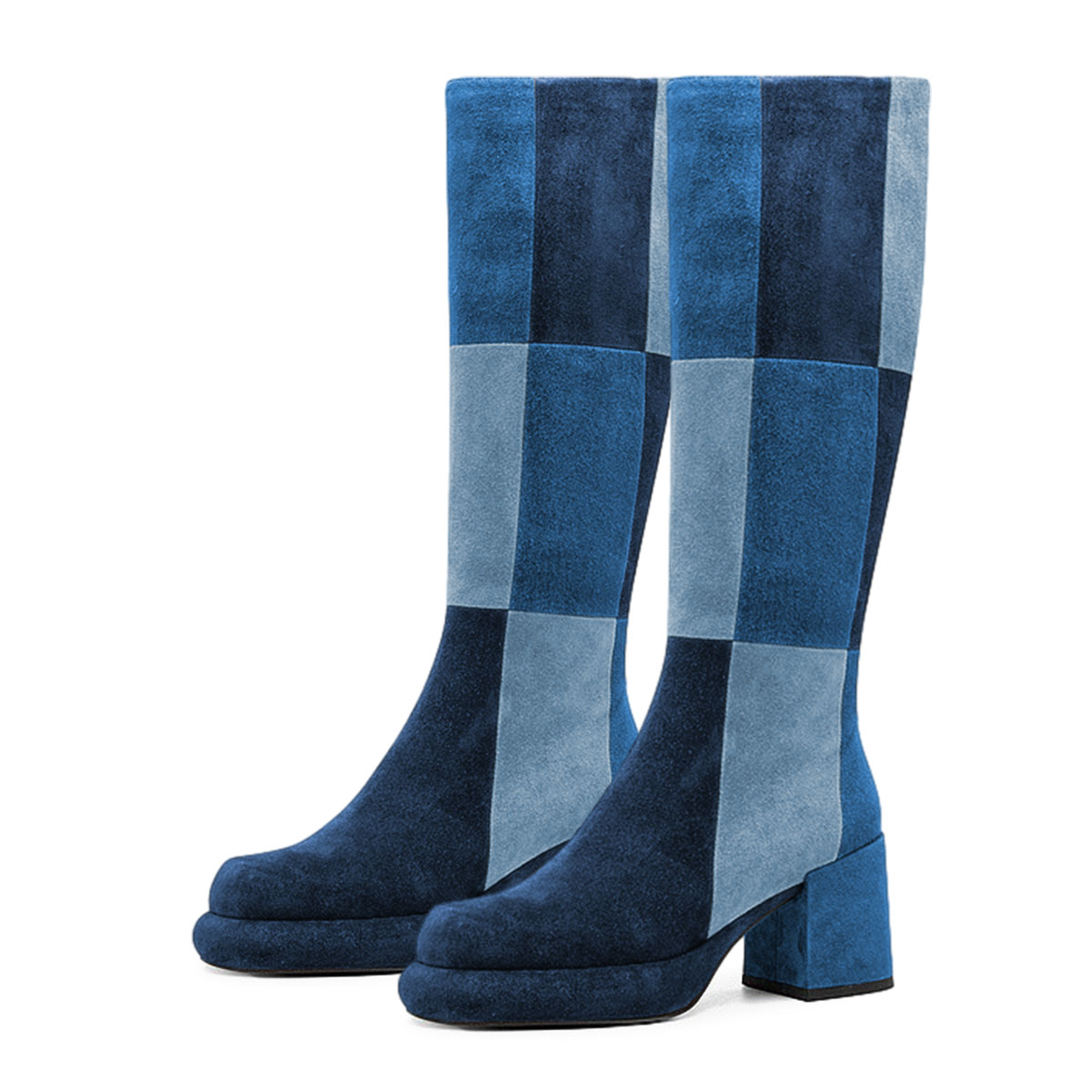 Blue Color Block Round Toe Chunky Heel Platform Zip Knee High Boots Nicepairs