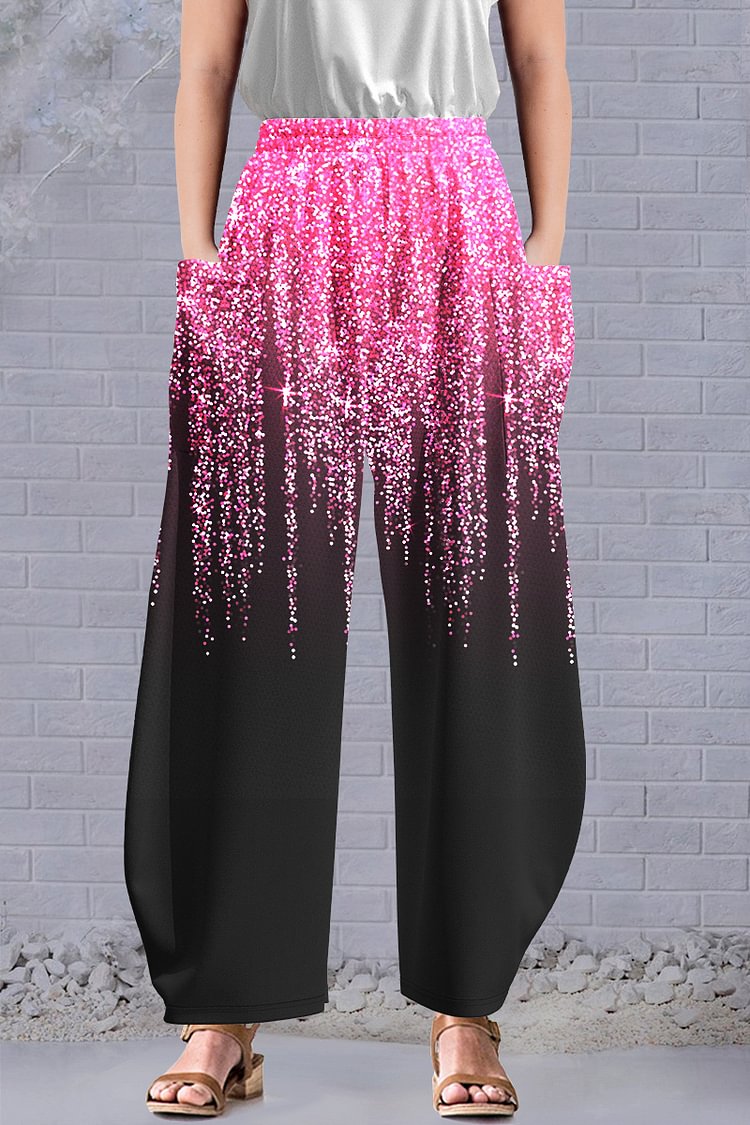 Flycurvy Plus Size Casual Pink Ombre Sequin Print Pocket Pants  Flycurvy [product_label]