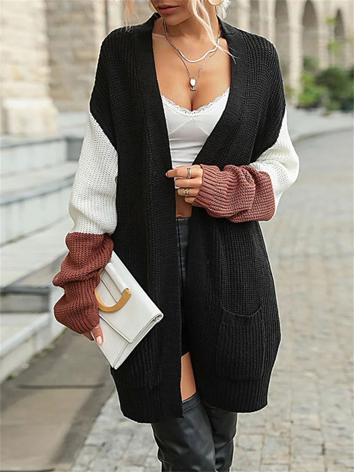 Stylish Long-Sleeved Color-Block Cardigan Sweater