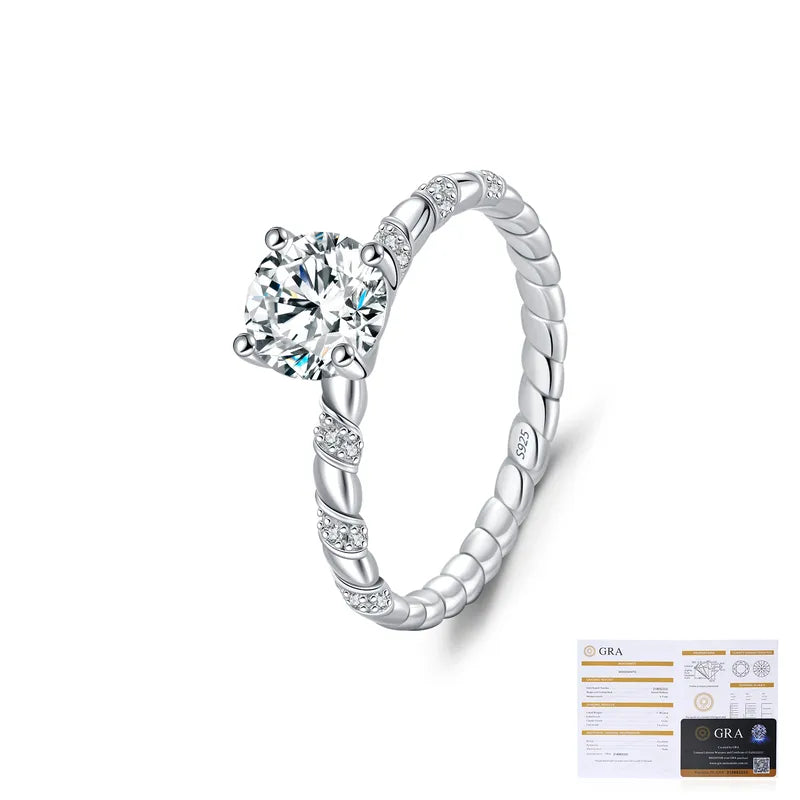 1.0ct Round Brilliant Cut Rhodium Plated 925 Sterling Silver 925 Sterling Silver Moissanite Round Rings Colorless(DEF) GRA Certificate VVS1-VVS2