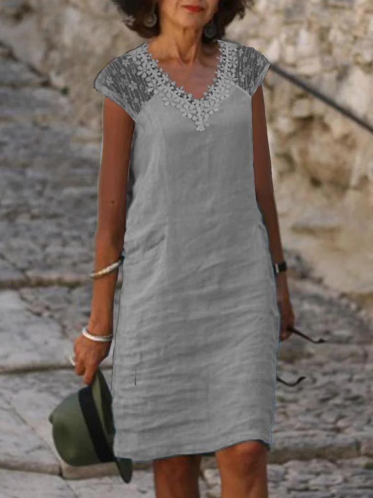 Solid color lace stitching straight elegant V-neck dress