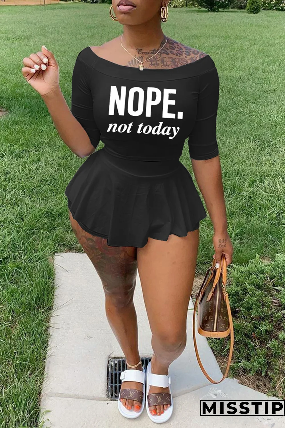 Black Fashion Print Flounce Off the Shoulder Three Quarter Two Pieces