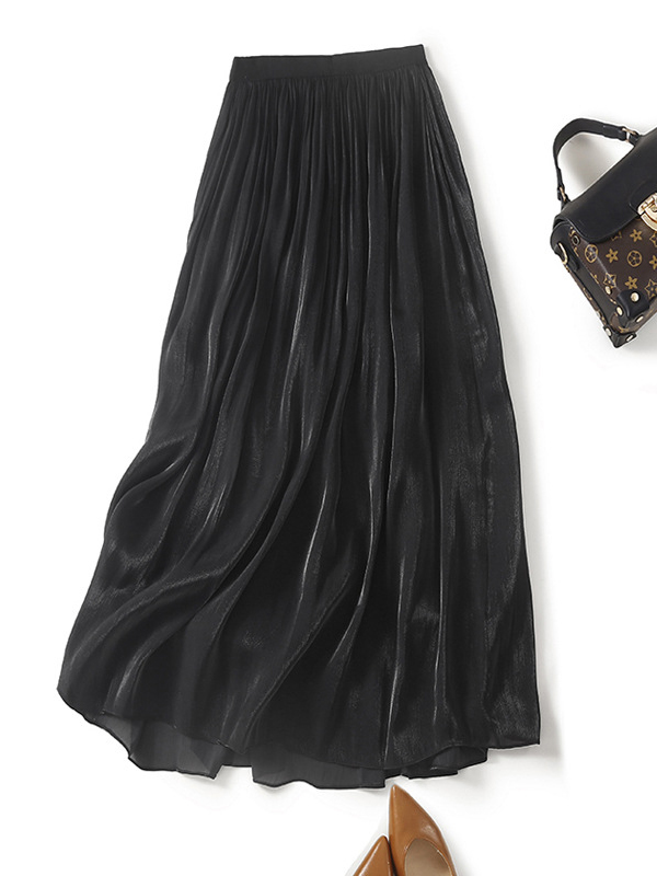 Pleated Large Hem High Waisted Elastic Waist Midi Skirt