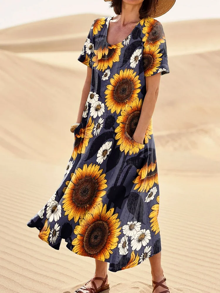 Women's Vintage Flowers Sunflower Art Print Linen Pocket Dress
