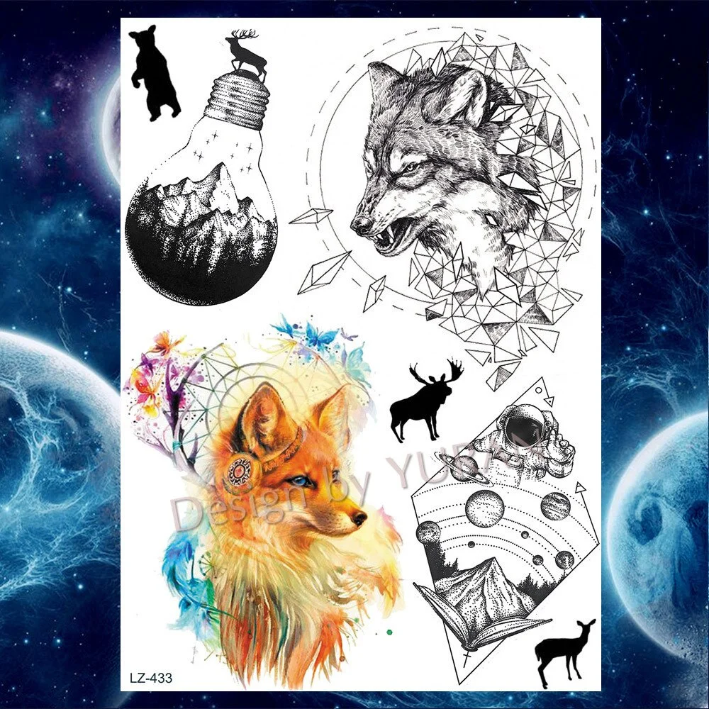 Tribal Forest Animals Black Galaxy Triangle Wolf Animals Temporary Tattoo Stickers Women Men Deer Tatoo Waterproof Arm Tattoos