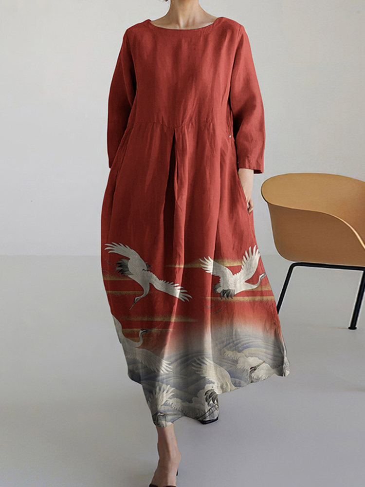 Comstylish Women Japanese Art Crane Pattern Linen Blend Maxi Dress