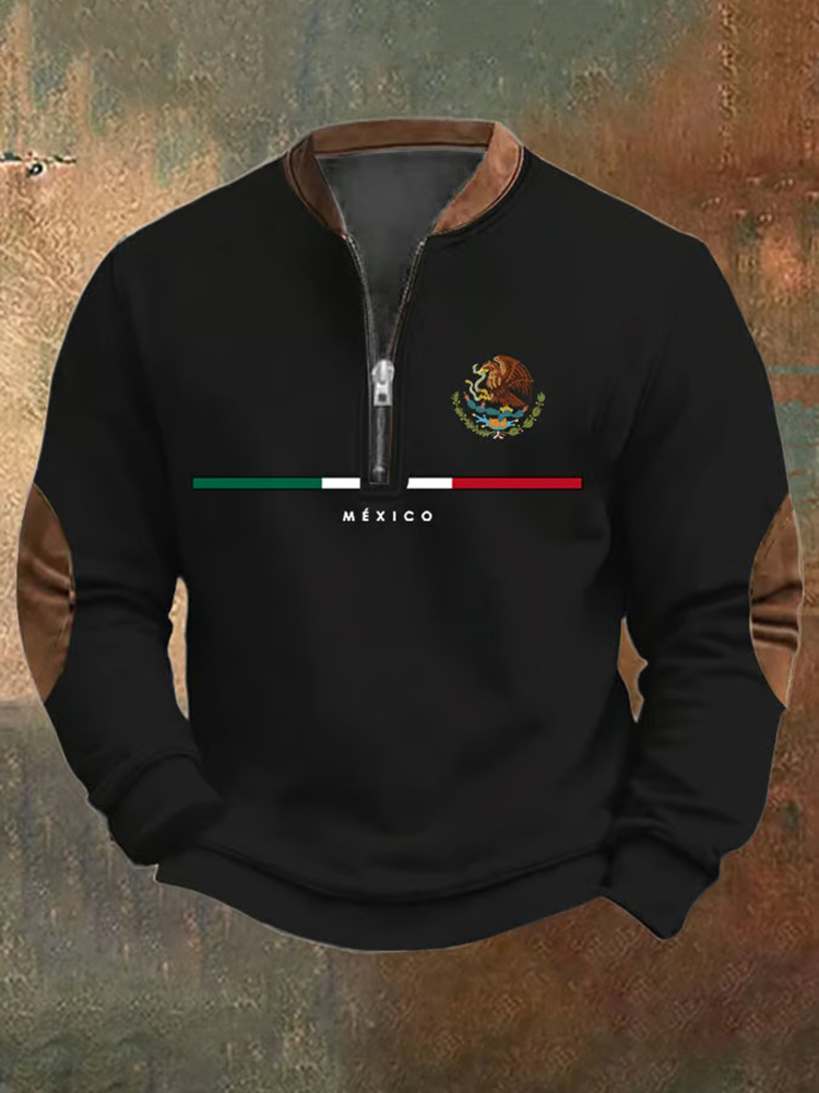 Comstylish Men's Casual Mexican Flag Print Zip Neck Sweatshirt