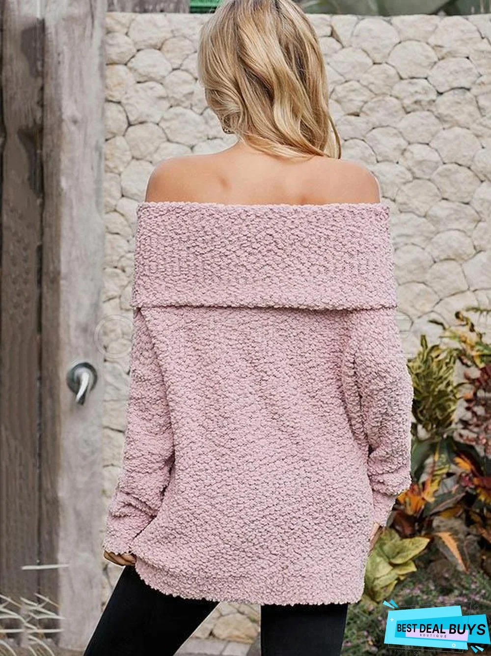 Plain One-Shoulder Collar Velvet Sweater