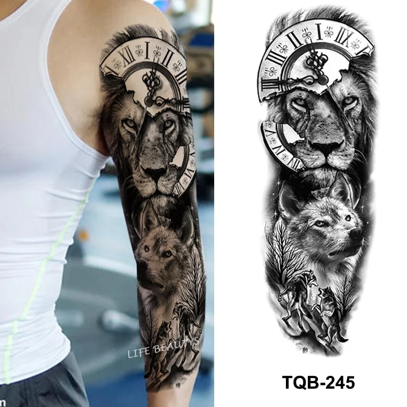 Sdrawing Temporary Full Arm Tattoos Man Women Cool Leg Art Tiger Wolf Black Sleeve Large Fake Sticker Glitter Multiple Style