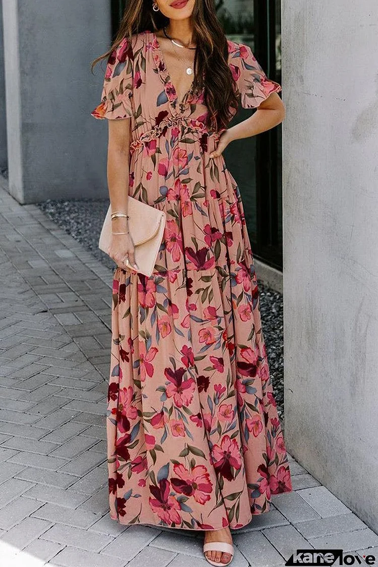 Elegant Floral Patchwork V Neck A Line Dresses