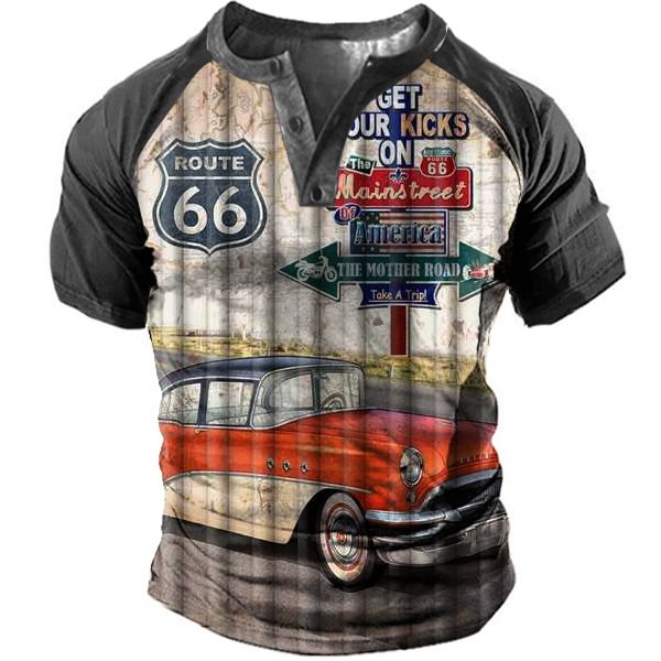 Route 66 Vintage Print Men's Outdoor Tactical Henley Short Sleeve T-Shirt