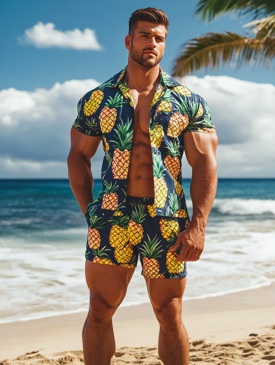 Charming Pineapple by the Sea Hawaiian Print Shirt Set