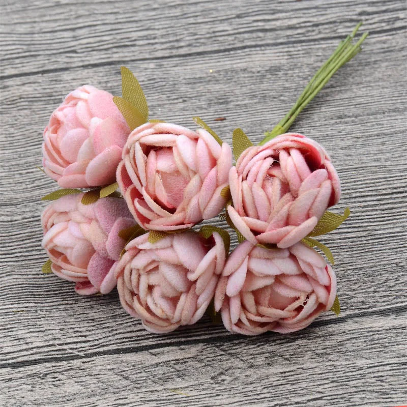 60pcs Mini Silk Tea Rose Bud Artificial Rose Flower Bouquet Scrapbooking Wedding Party Decoration DIY Handmade Fake Flower Craft