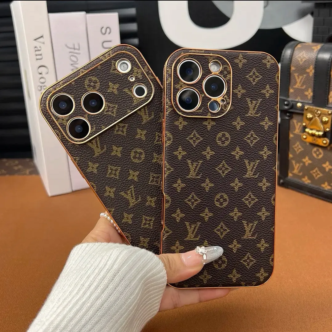 Luxury LV Designer Inspired Brown Monogram iPhone Case, Gold Trim Leather Cover for iPhone 11-17 Pro Max Series