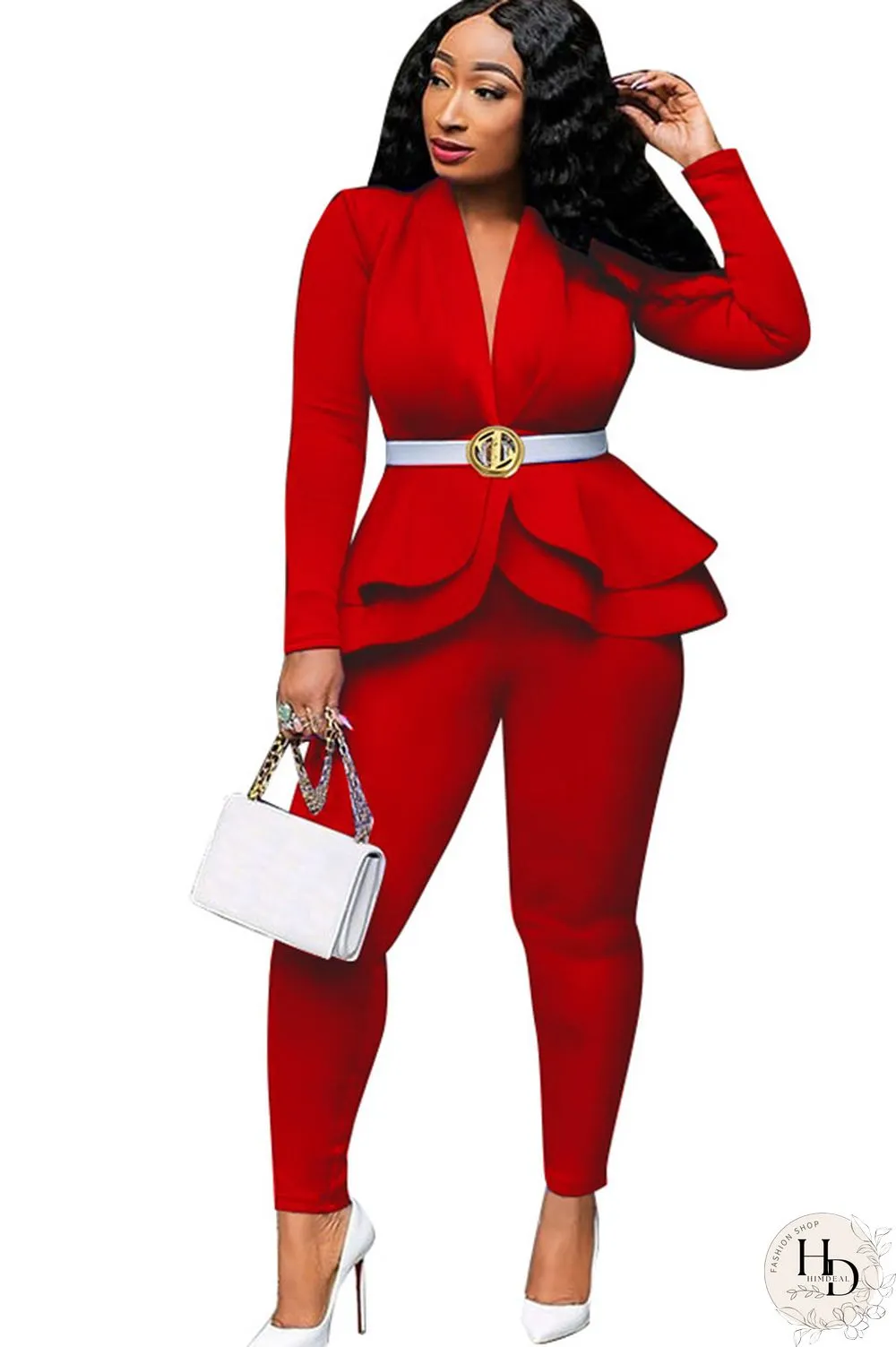 Black Casual Two Piece Suits Patchwork ruffle Solid pencil Long Sleeve