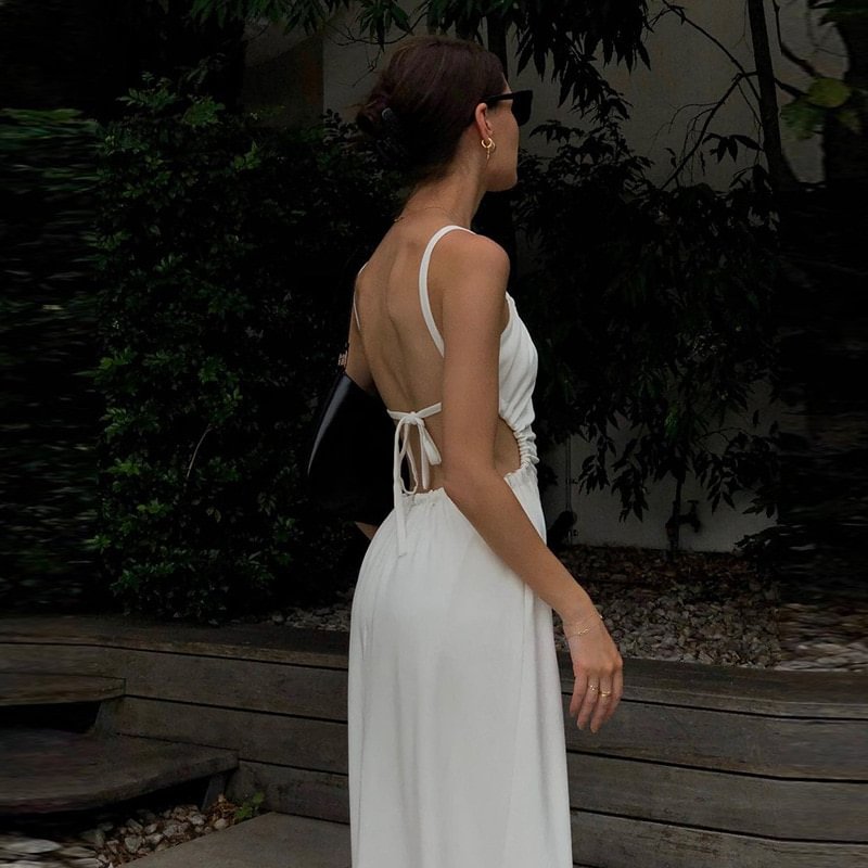 QJONG BOOFEENAA Sexy Open Back Spaghetti Strap Long Dress Women Summer French Style Vacation Beach Sundresses White Black C66-BF27
