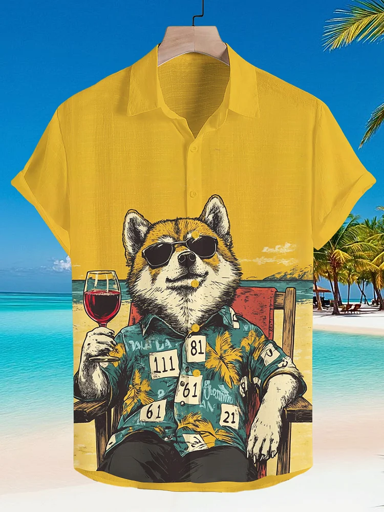 Men's Dog Drinking Red Wine Vacation Time Art Print Casual Shirt