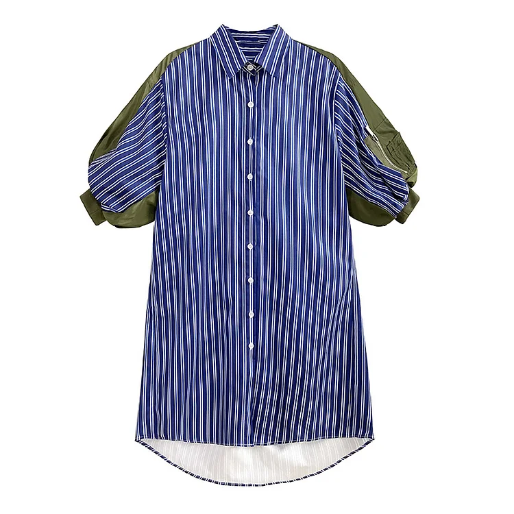 Loose Striped Lapel Short Sleeve Mini Dress - yankia
