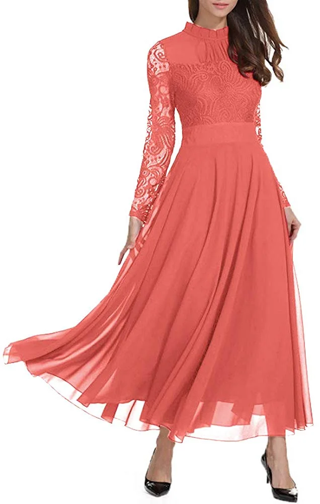 Women's Formal Floral Lace Chiffon Long Sleeve Ruched Neck Long Dress Evening Cocktail Party Maxi Dress