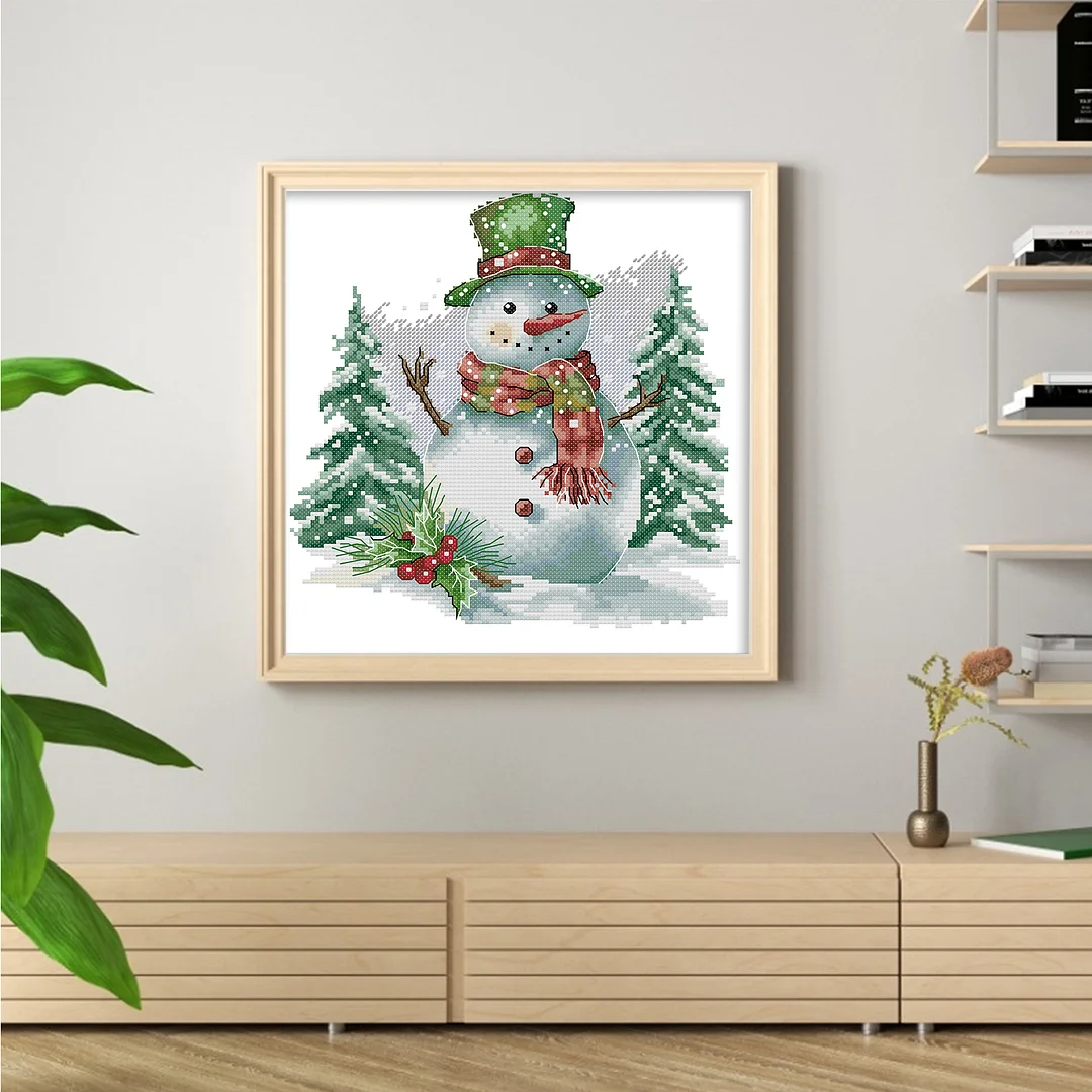 Green Snowman Partial 14CT DIY Stamped Cross Stitch Kits for Adults 27x28cm