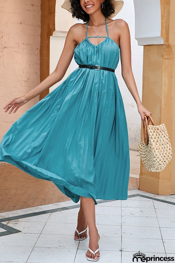 Solid Color Pleated Waist Halter Neck Dress