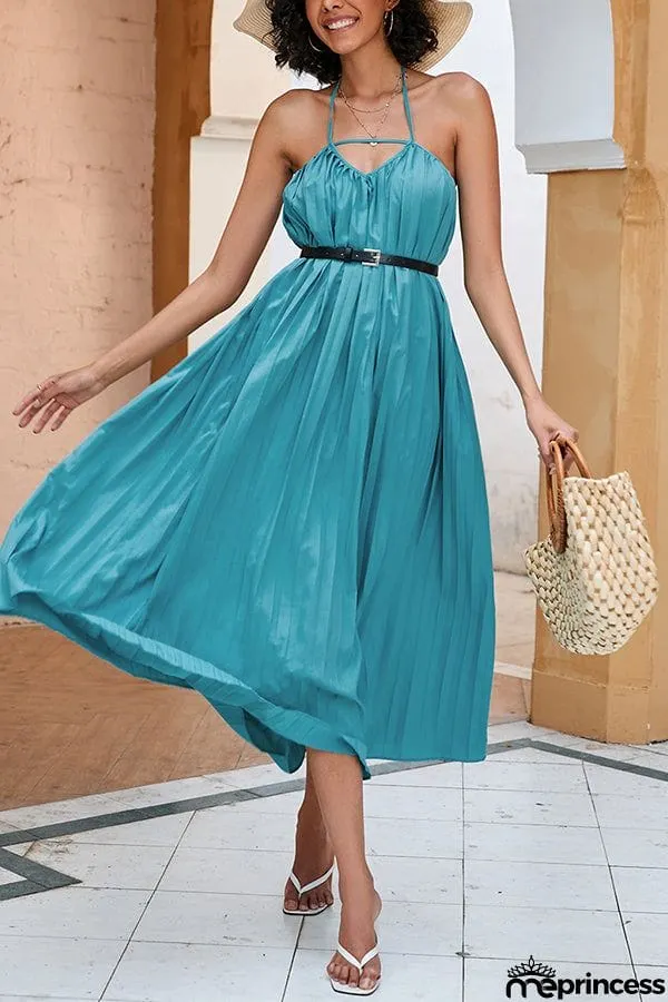 Solid Color Pleated Waist Halter Neck Dress