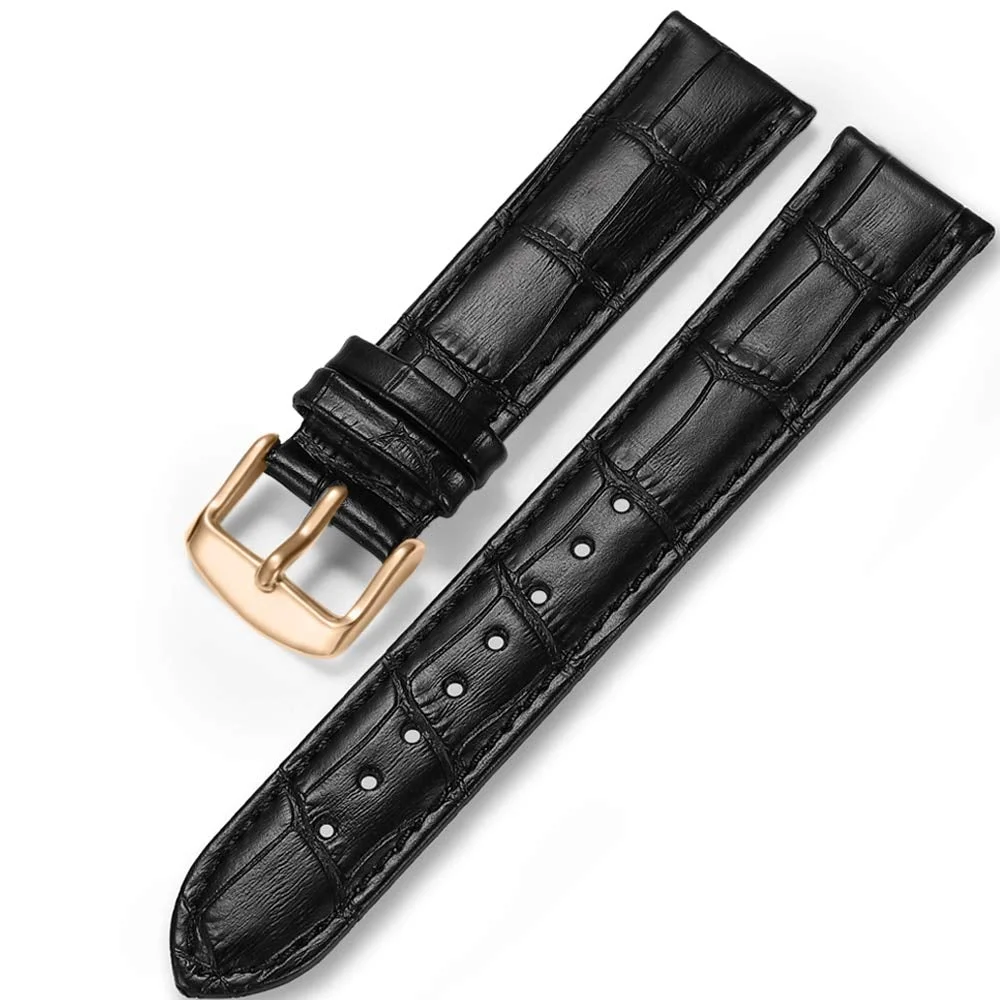 Genuine Calf Leather Watch Band Alligator Grain Padded for Men Women Color & Width Gold Silver