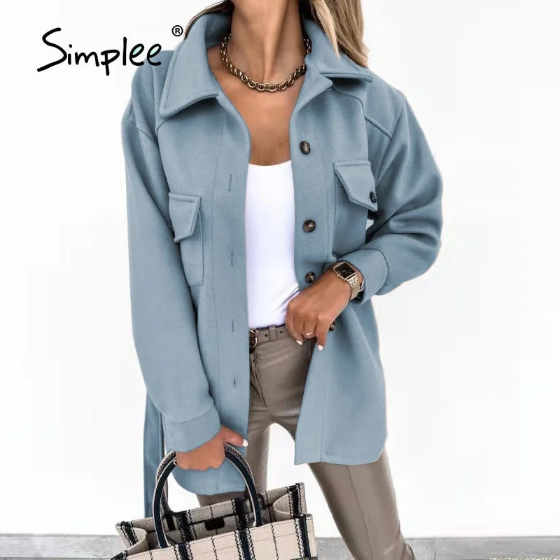 Simplee Office lapel jacket women autumn winter  Casual long sleeve female top coat black white  Fashion business shirt jackets