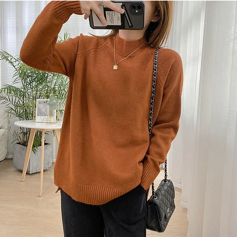 Women Mock Neck Pullovers Sweater High Quality Oversized Jumper Split Fall Winter Clothes Beige Purple Green 8 Colors  C-232