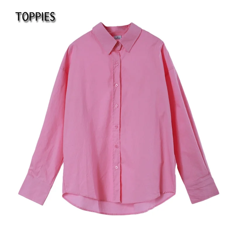 Toppies 2021 Women 100% Cotton Shirts Office Lady Long Sleeve Blouse Single Breasted Chic Chemise Tops