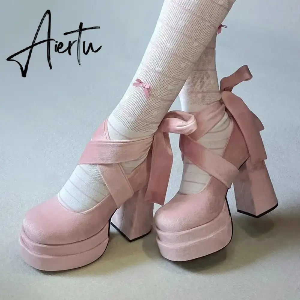 Aiertu Designer Platform Women Mary Jane Shoes Ladies Fashion Cross-tied Thick High Heel Footwear Women's Elegant Dress Pumps Shoes Aiertu