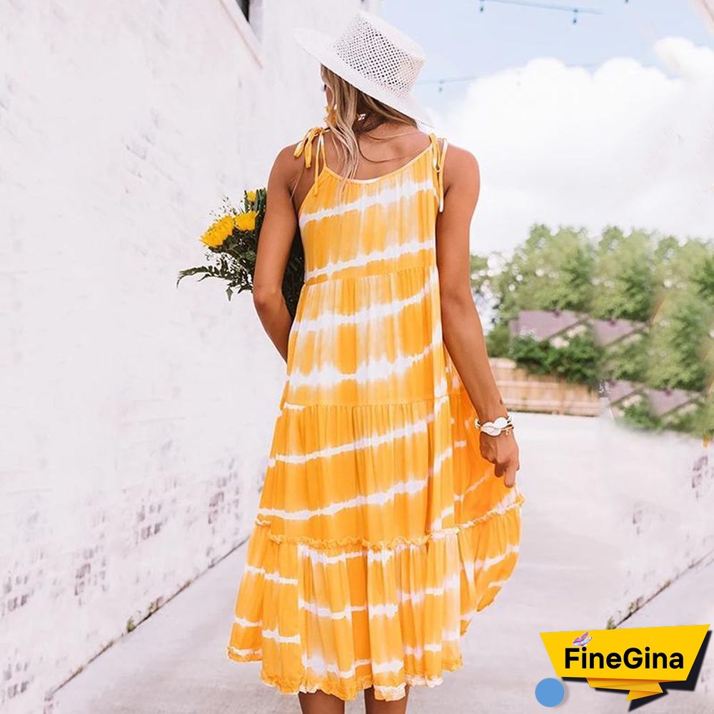 Beach Casual Yellow Tie-Dye Women Dress