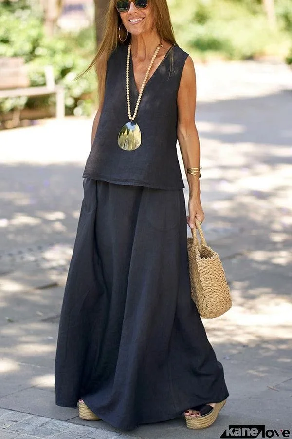 Spring Sensation Linen Blend Tank and Pocketed Elastic Waist Maxi Dress