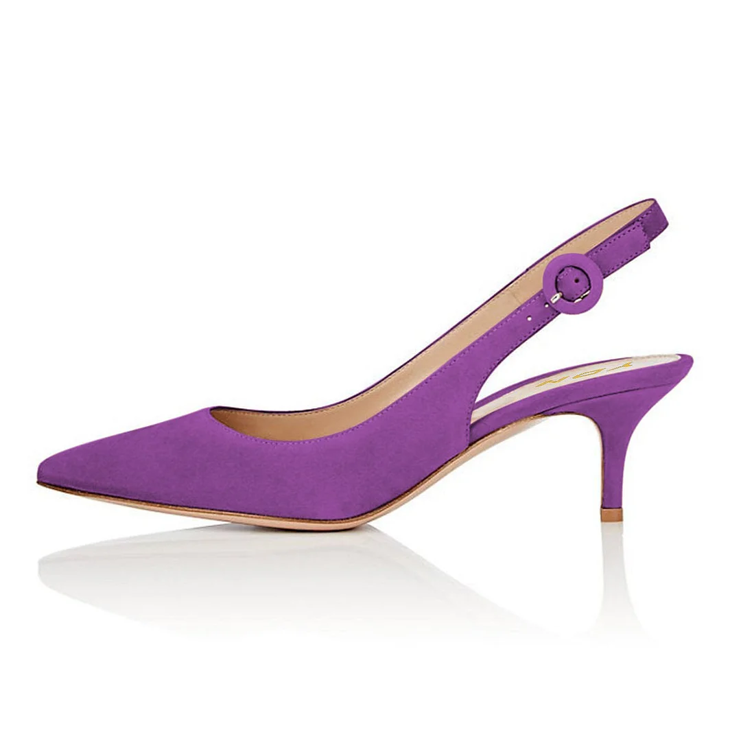 Purple Closed Pointed Toe Buckle Kitten Heel Pumps with Slingback