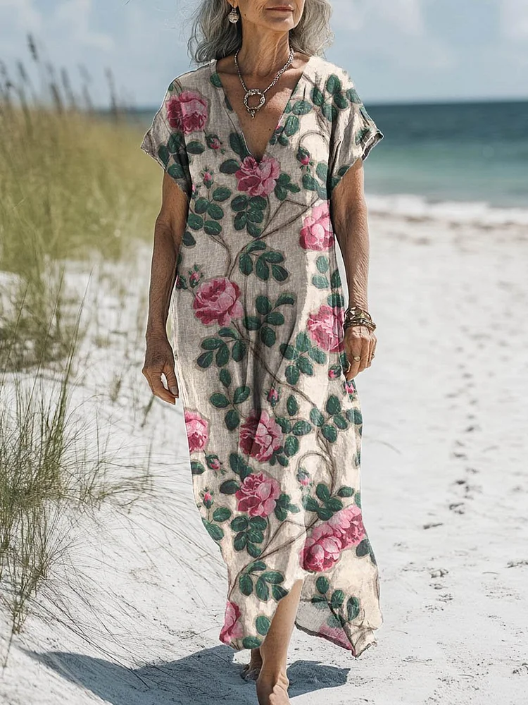 Women's Vintage Lovely Floral Art Print Pocket Cotton Dress