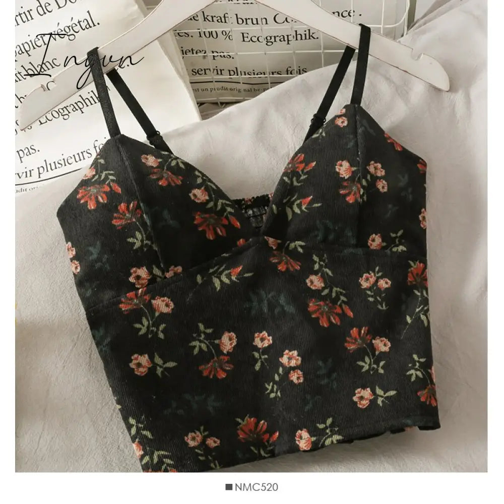 Ingvn - Backless V-Neck Floral Printed Tank Crop Tops Black / One Size