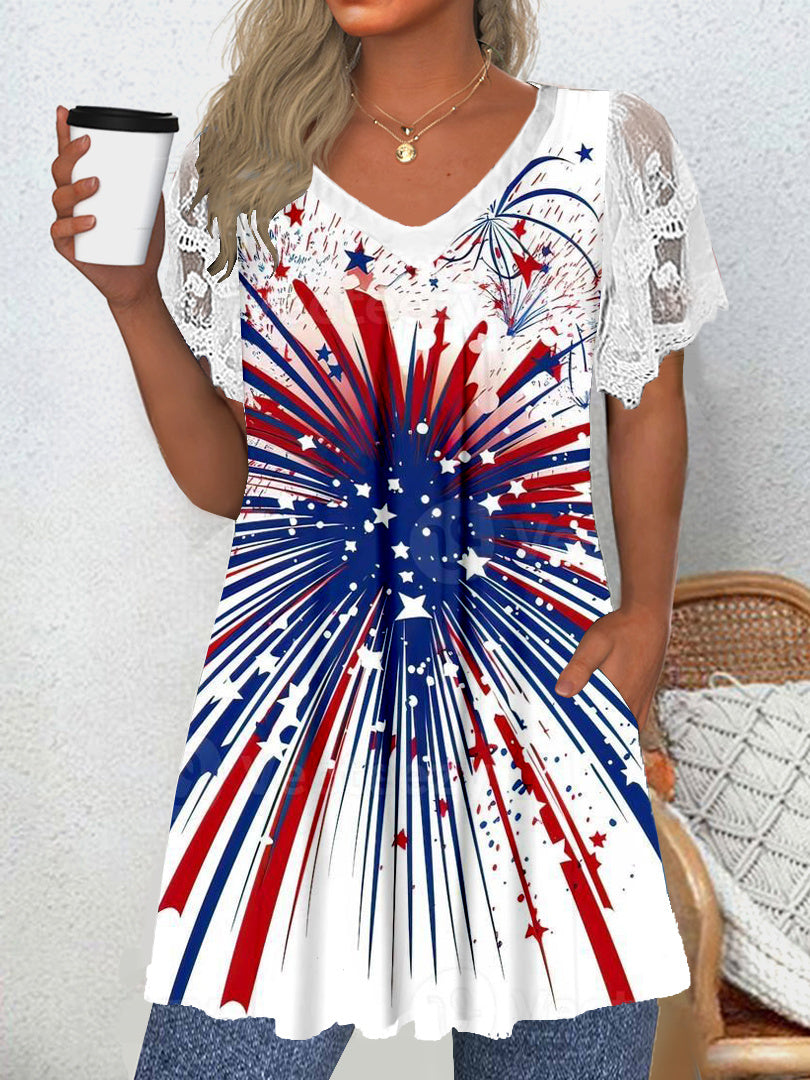 Women's Short Sleeve V-neck Graphic Lace Pockets Tops