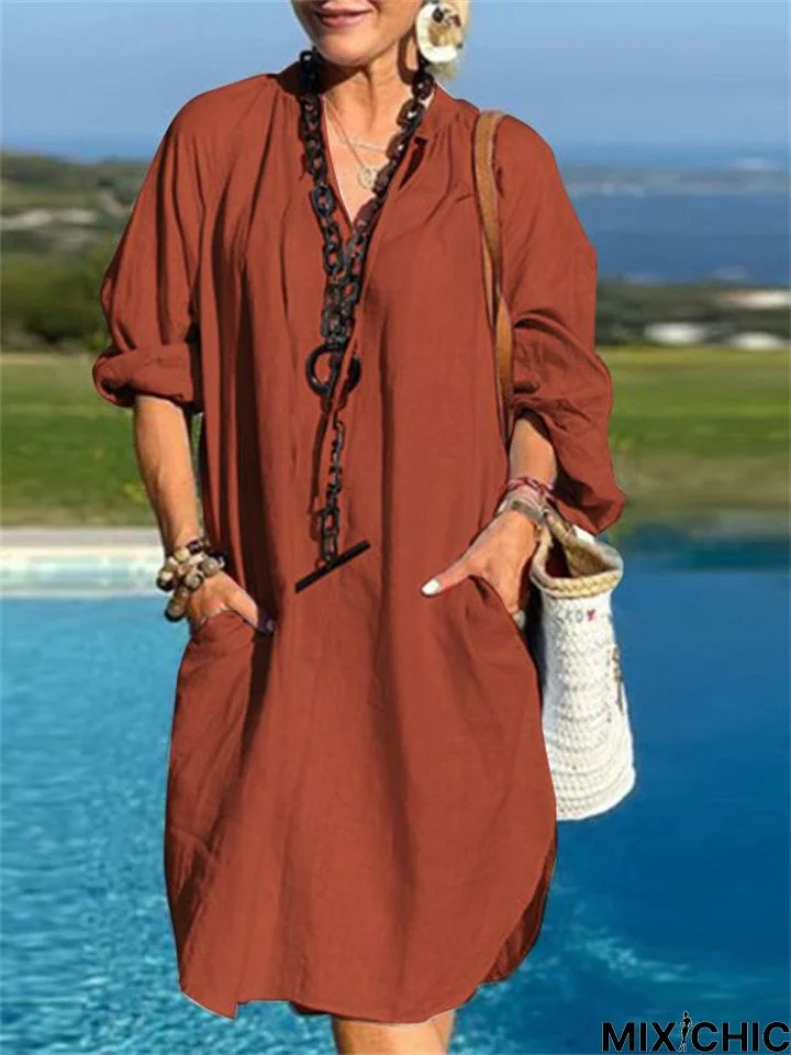 Linen Solid Long Sleeve V-Neck Dress