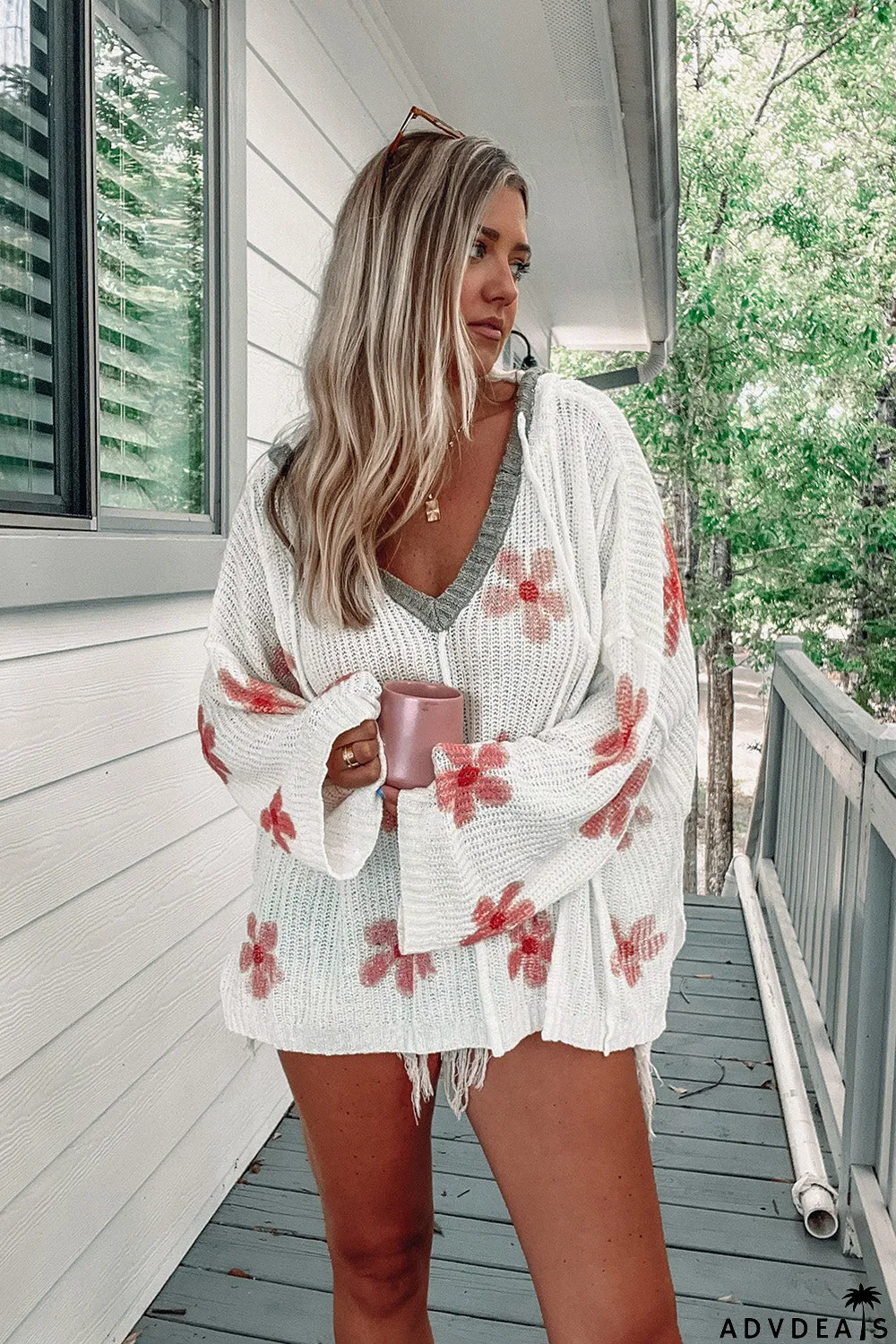 Floral Print Lightweight Knit Hooded Sweater