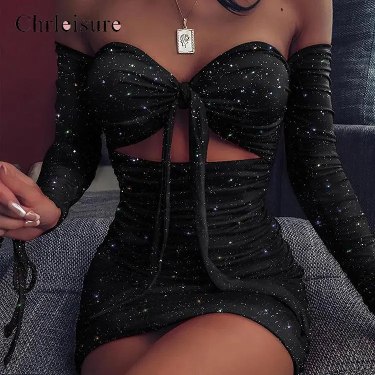 Sexy Shiny Hollow Out Sequins Dress 2020 Fashion Lace Women Dress Long Sleeve Wrinkles Off Shoulder Femme Dresses