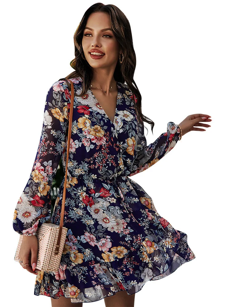Uveng Uveng White Skirt V-Neck Chiffon Print Temperament Commuter Mid-Rise Long-Sleeved Dress