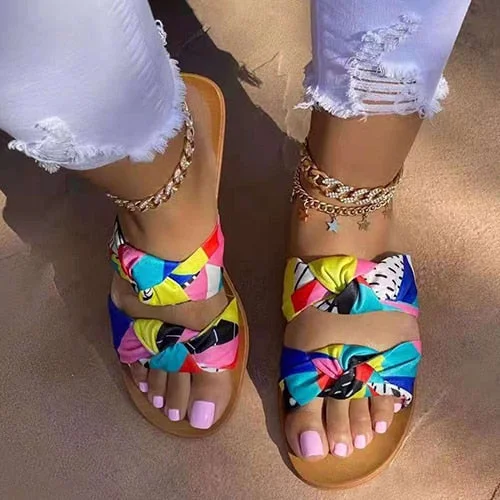 2021 Women Rainbow Knot Slippers Female Tie Dye Casual Slides Ladies Summer Beach Flat Women's Open Toe Leisure Shoes Plus Size