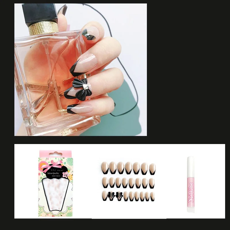 24pcs decorated false nails Transparent purple bow with long round head falis nails Manicure patch acrylic nail tips-Nail Inspo