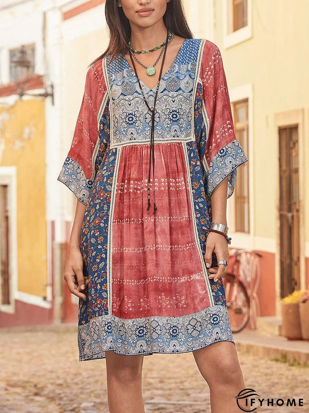 Women Half Sleeve V-Neck Vintage Floral Casual Midi Dress | IFYHOME